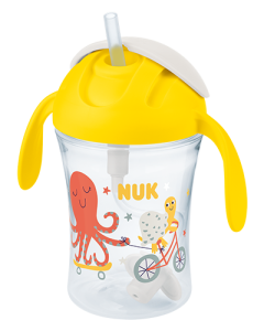 NUK Motion Cup 230ml mit weichem Strohhalm, Gelb, Motiv: Oktopus und Schildkröte